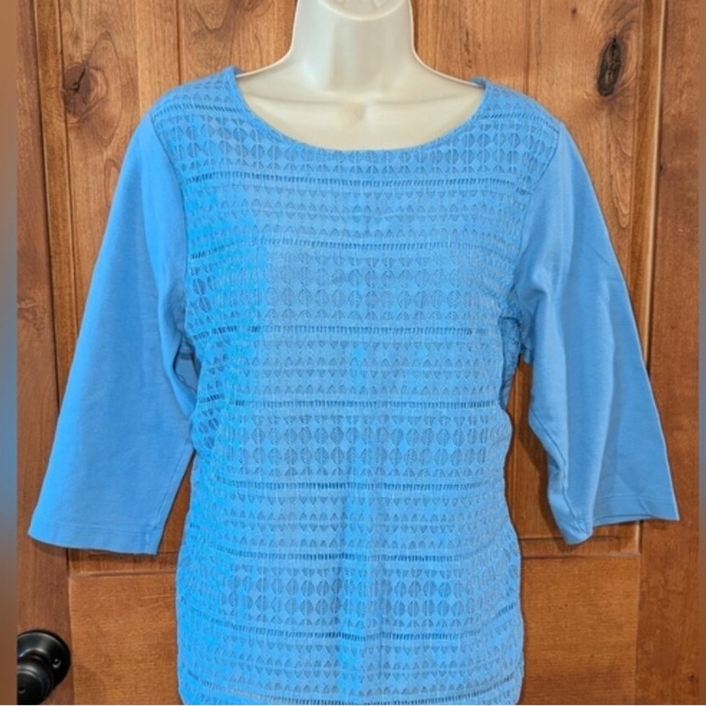 Crochet Front Light Blue Long Sleeve Women's Top